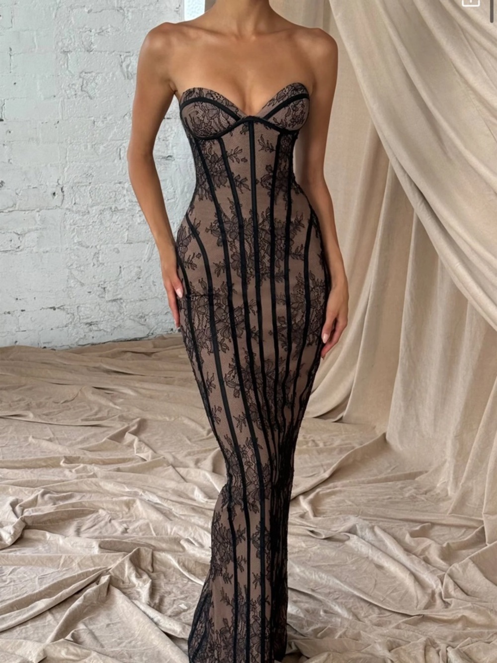 Strapless Black Lace Overlay Maxi Dress
